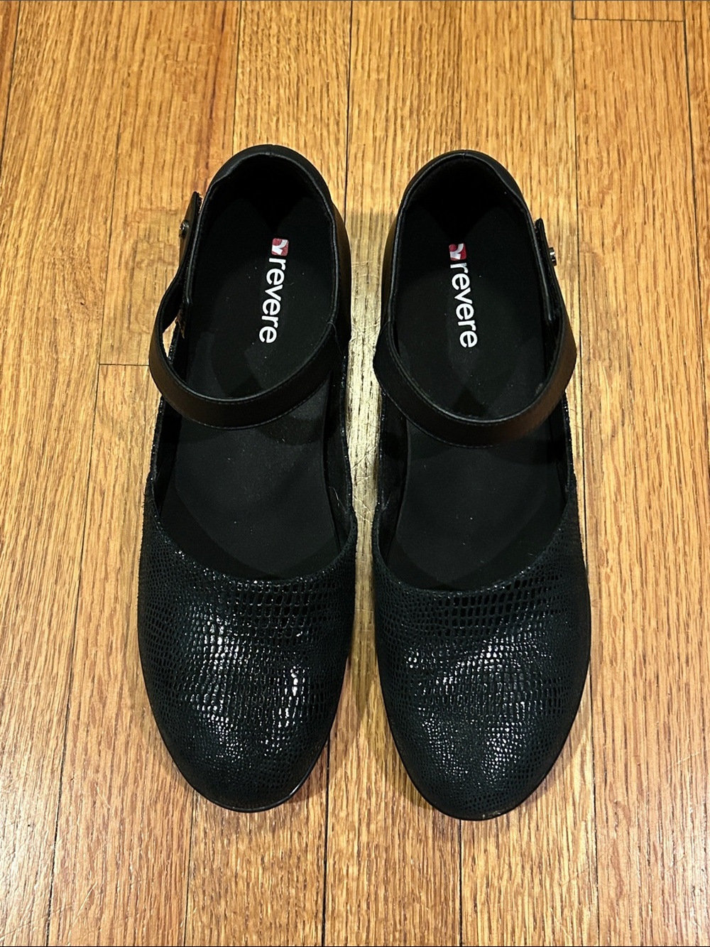 Revere Osaka Black Textured Mary Jane Flats with Strap